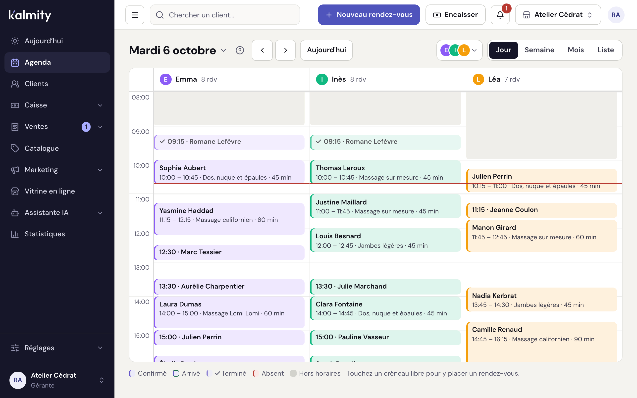 L’agenda du jour : une colonne par membre de l’équipe, les rendez-vous confirmés et terminés.