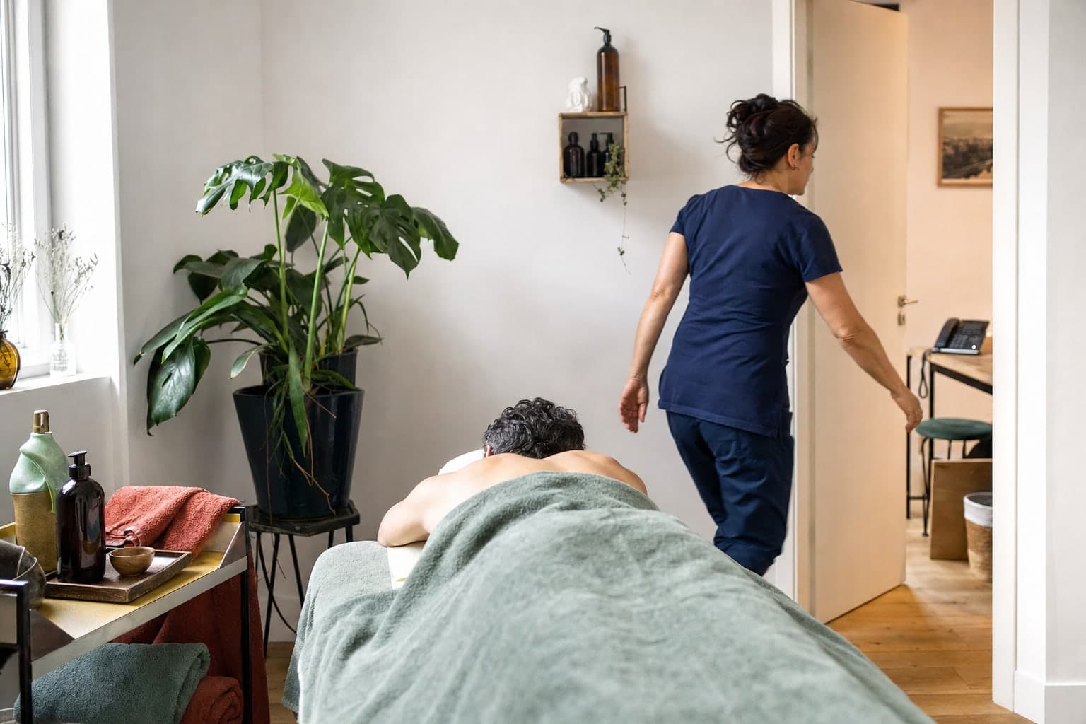 Dans une cabine, une praticienne s’éloigne de la table de massage où un client est allongé.