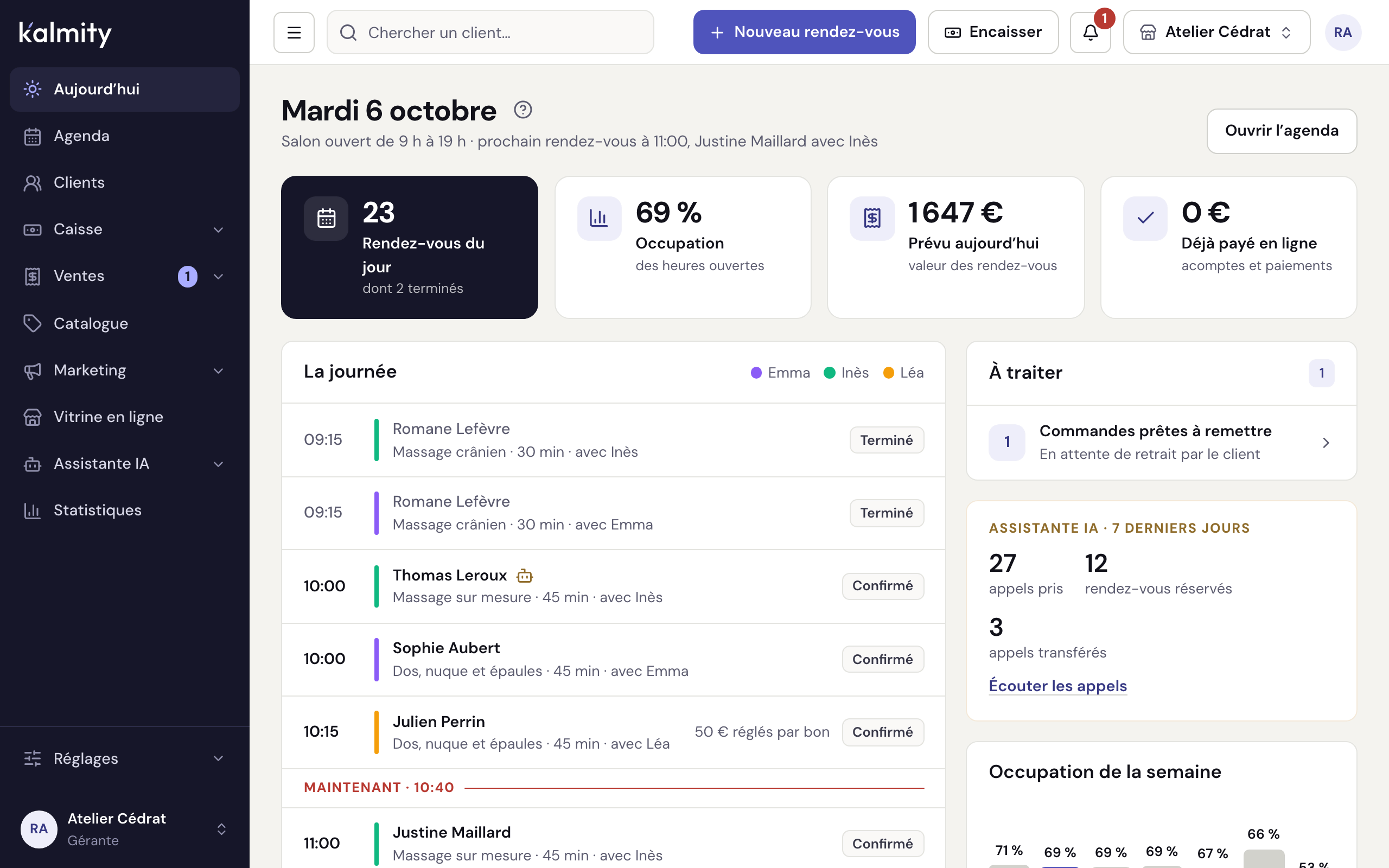L’écran « Aujourd’hui » : les rendez-vous du jour, chacun avec son heure, son soin et son état, confirmé ou terminé.