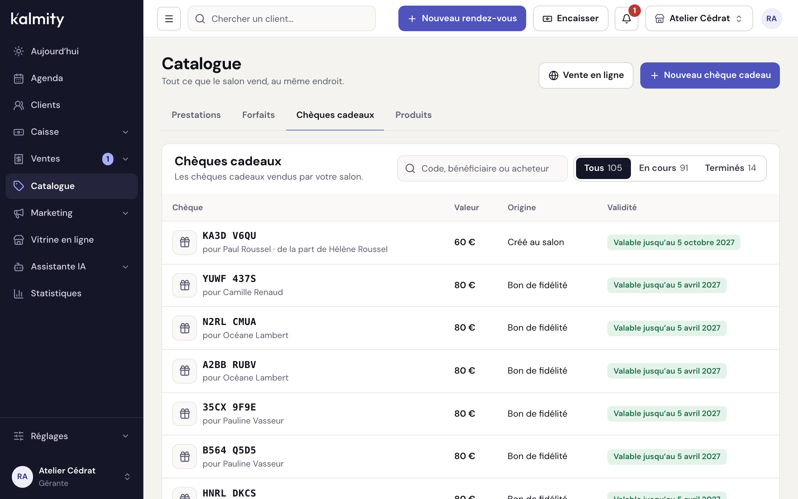La liste des chèques cadeaux du salon : code, bénéficiaire, valeur, origine et date de validité.