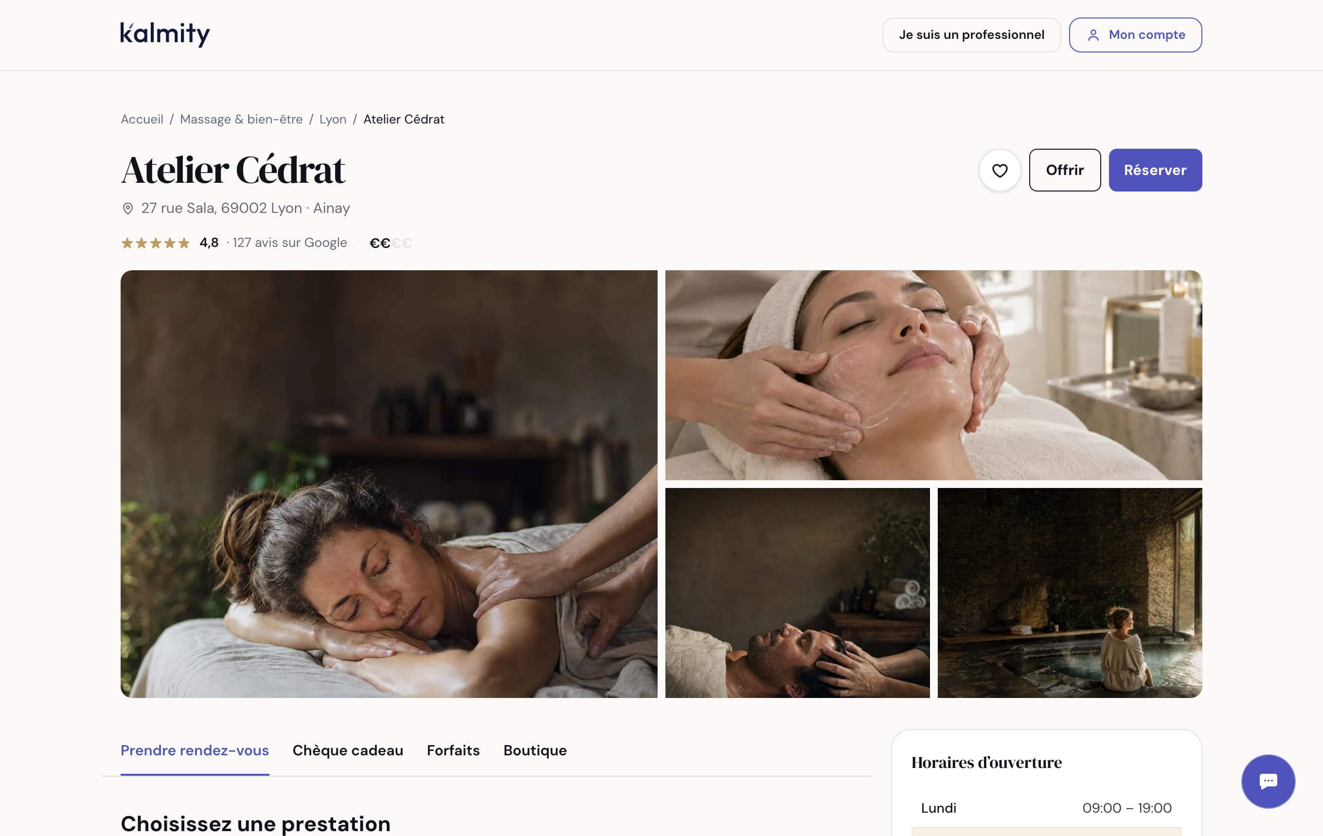 La fiche d’un salon de massage sur l’annuaire Kalmity : photos, adresse, note et bouton Réserver.