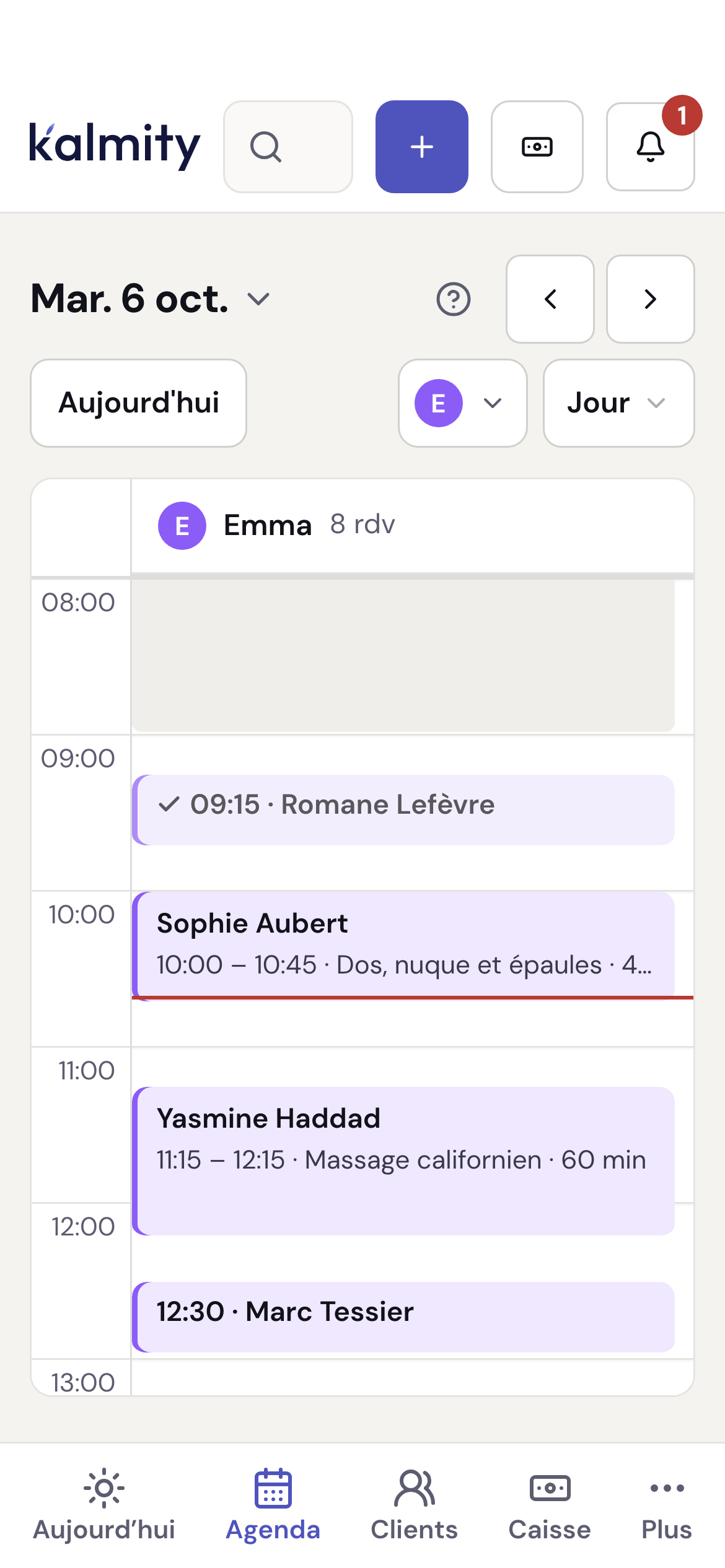 L’agenda du jour : une colonne par membre de l’équipe, les rendez-vous confirmés et terminés.