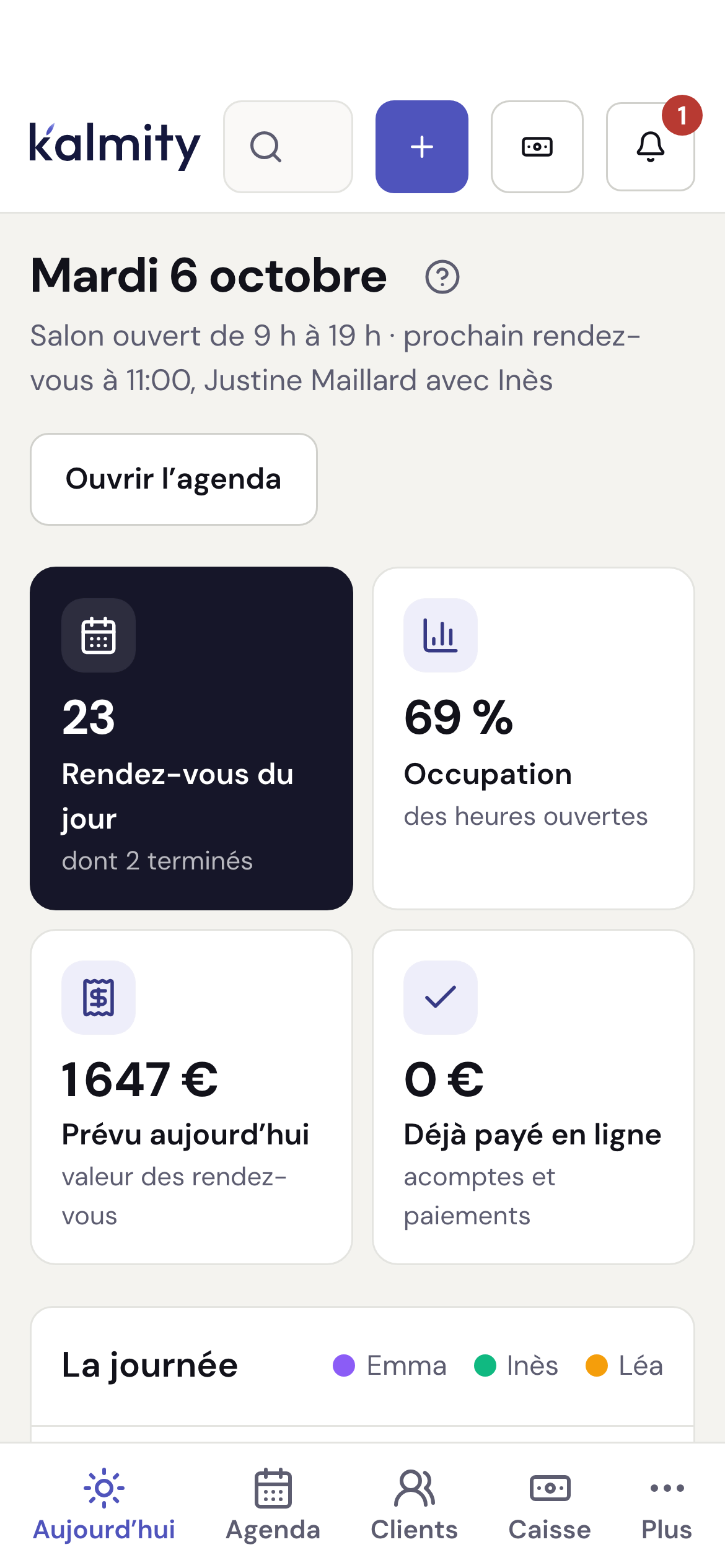 L’écran « Aujourd’hui » : les rendez-vous du jour, chacun avec son heure, son soin et son état, confirmé ou terminé.
