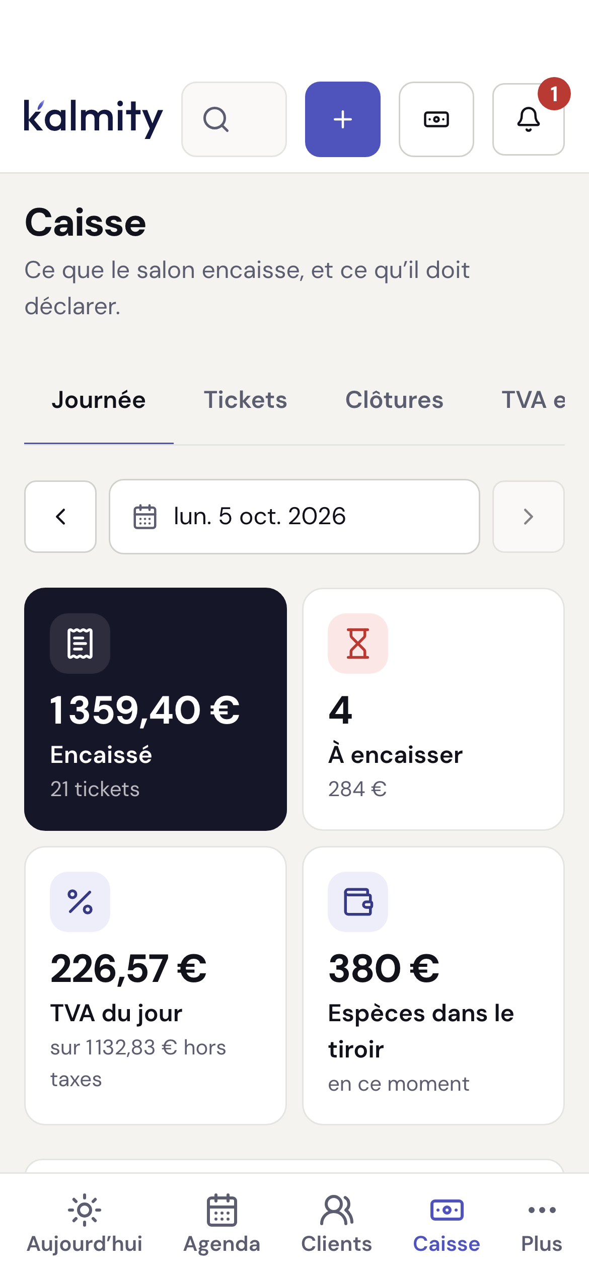 L’écran Caisse, un lundi : le montant encaissé, le nombre de tickets, ce qui reste à encaisser, la TVA du jour et les espèces dans le tiroir.