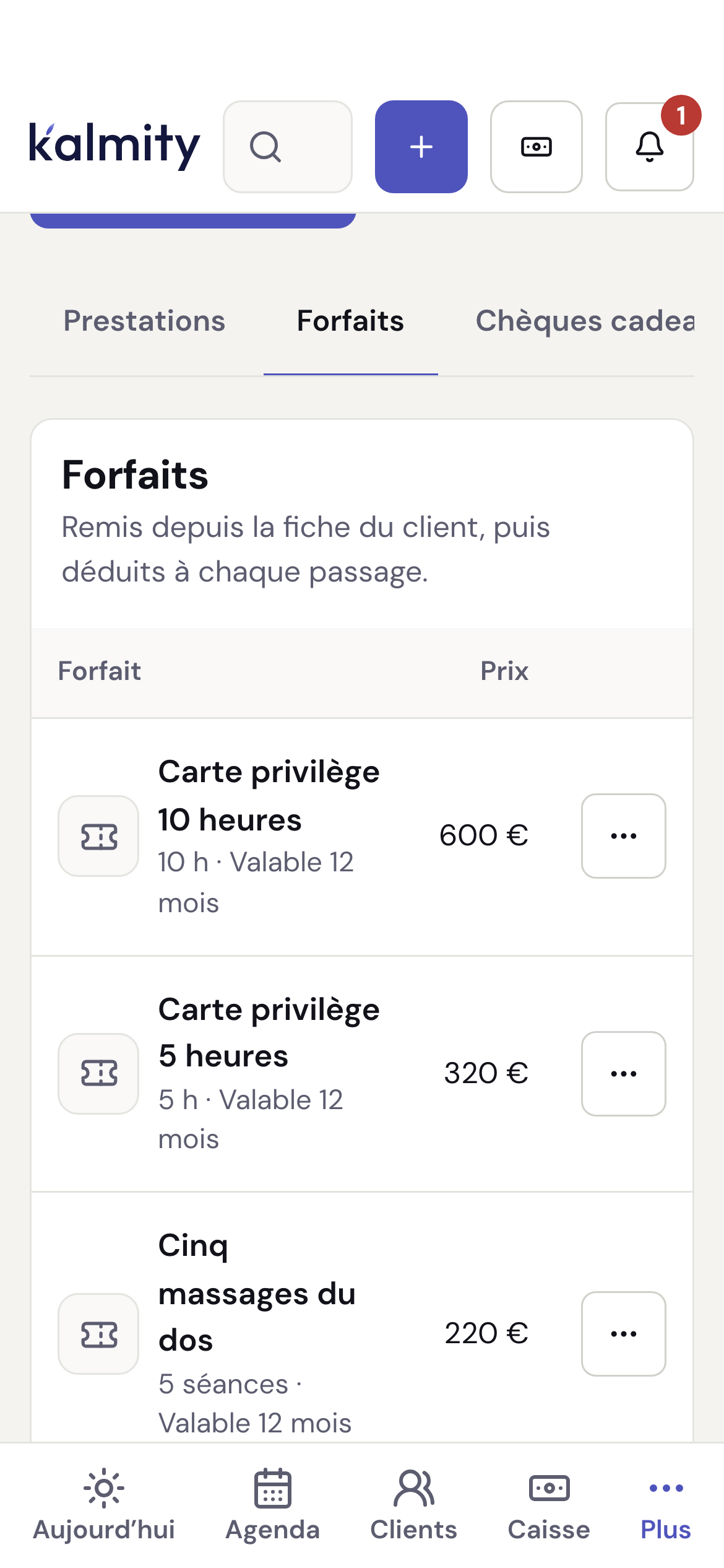 Le catalogue des forfaits du salon : cartes de cinq et dix heures, cinq massages du dos, avec leur prix et leur vente en ligne.