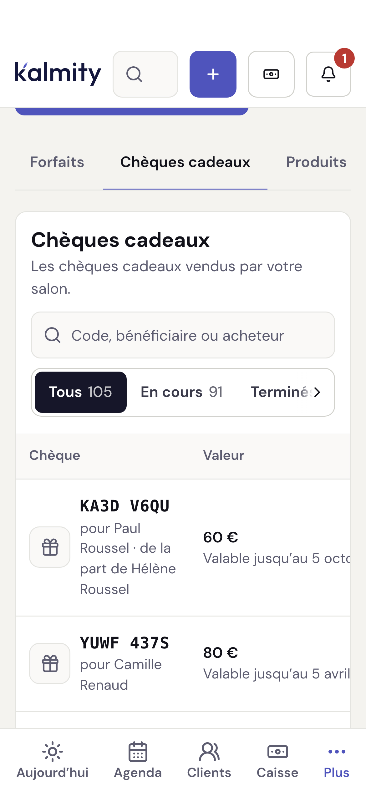 La liste des chèques cadeaux du salon : code, bénéficiaire, valeur, origine et date de validité.