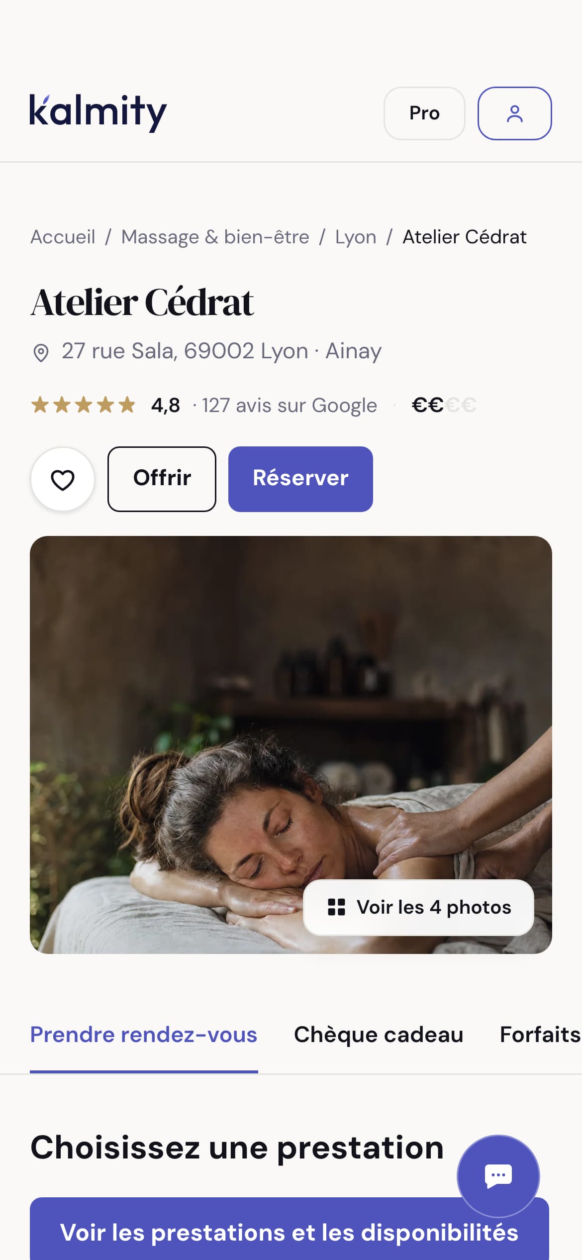 La fiche d’un salon de massage sur l’annuaire Kalmity, vue sur téléphone.