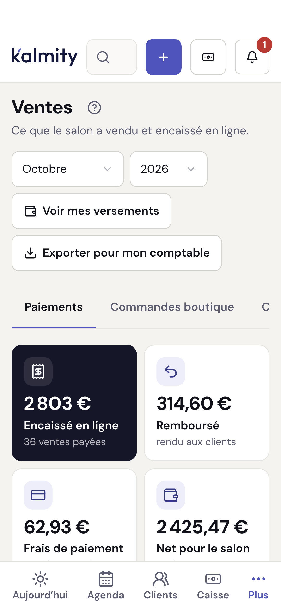L’écran Ventes : ce que le salon a encaissé en ligne, les remboursements, les frais de paiement et le net pour le salon.
